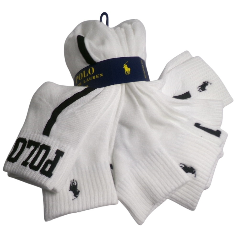 Polo Ralph Lauren Womens 6 Pair Crew Socks White Black Stripe Pony Logo Athletic